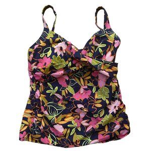 Lands End tankini swim wrap top built-in bra navy blue‎ pink floral women 10